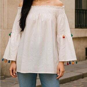 SHEIN Off-Shoulder White Blouse with Multicolor Tassels